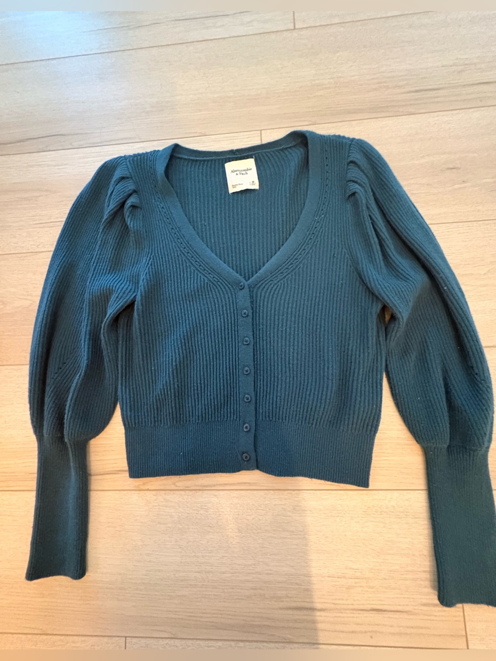 Abercrombie & Fitch Teal Puff-Sleeve Ribbed Button Cardigan